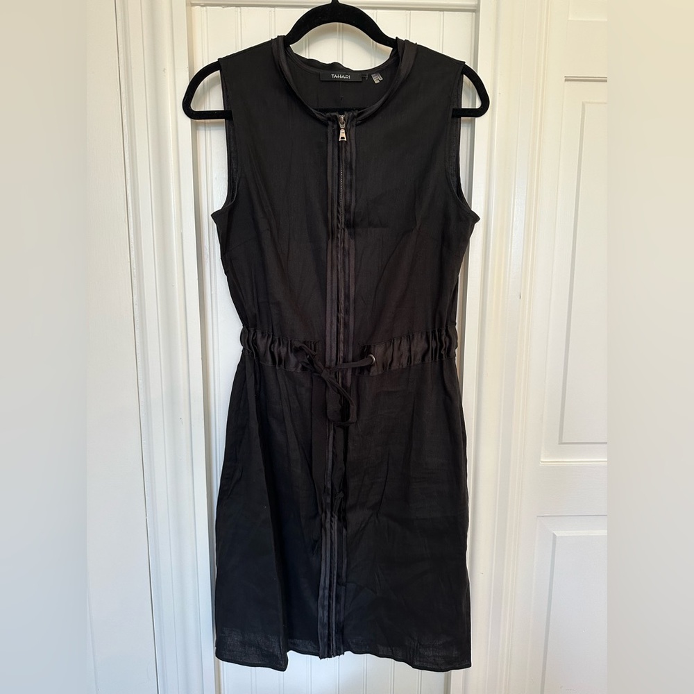 Tahari Black Linen Zip and Tie Dress